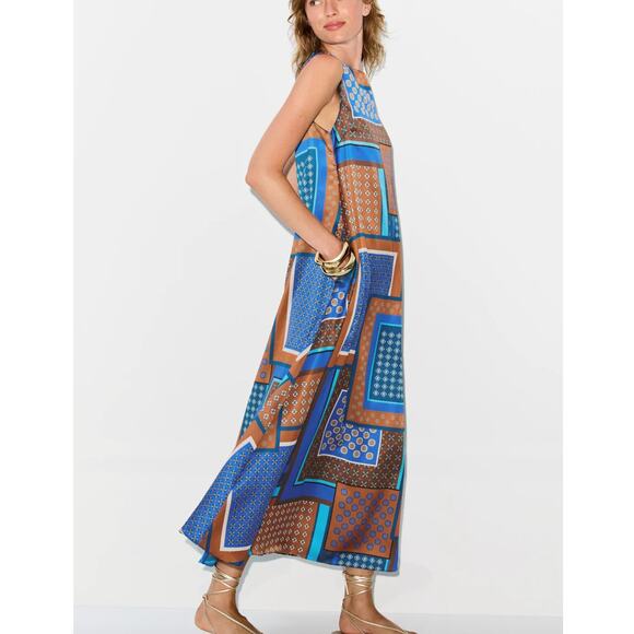 Misa Blue Patchwork Midi Dress MEDIUM Satin Vacation Aline Weekend Designer $410 - Picture 2 of 13